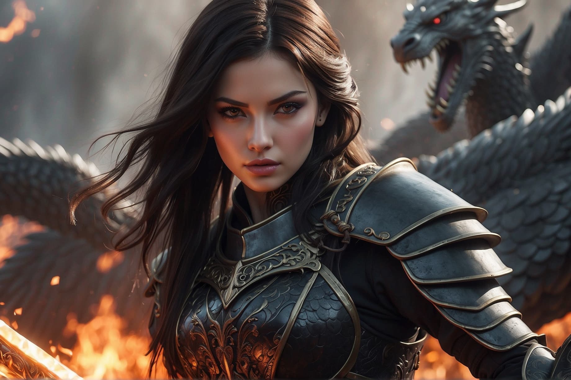 AI generated: Realistic women with black scary armor, Holding fire Sword, human face, long hair, perfectly detaile...