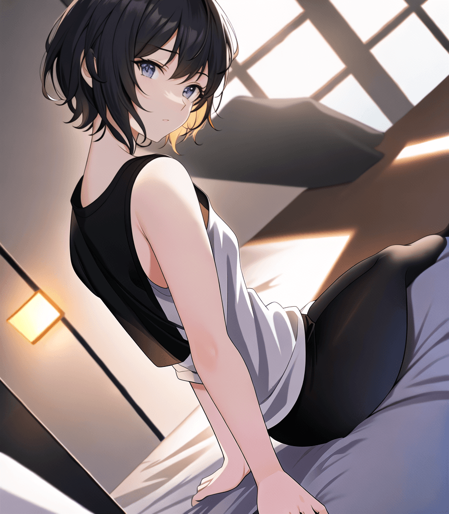 AI generated: perfect anime illustration, 1girl, short straight hair, medium breasts, sunset, apartment, balcony, ...