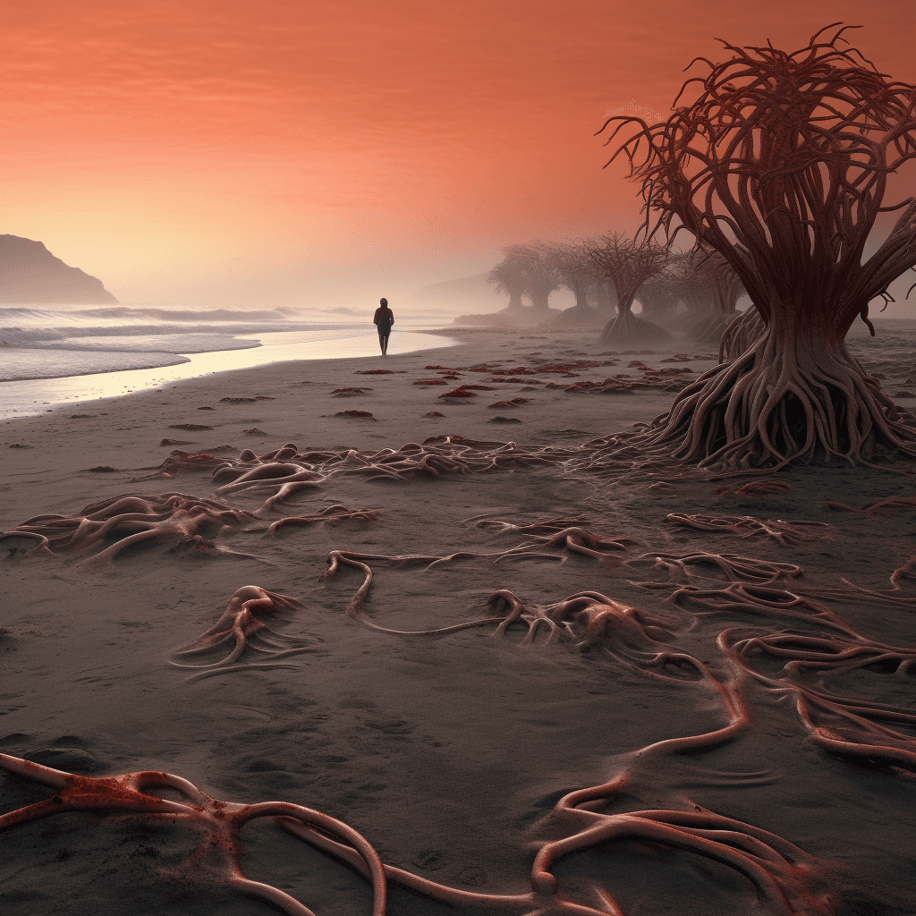 AI generated: captivating dawn on a dark sand beach, waves in a sea with nameless hidden creatures, red schema, tw...