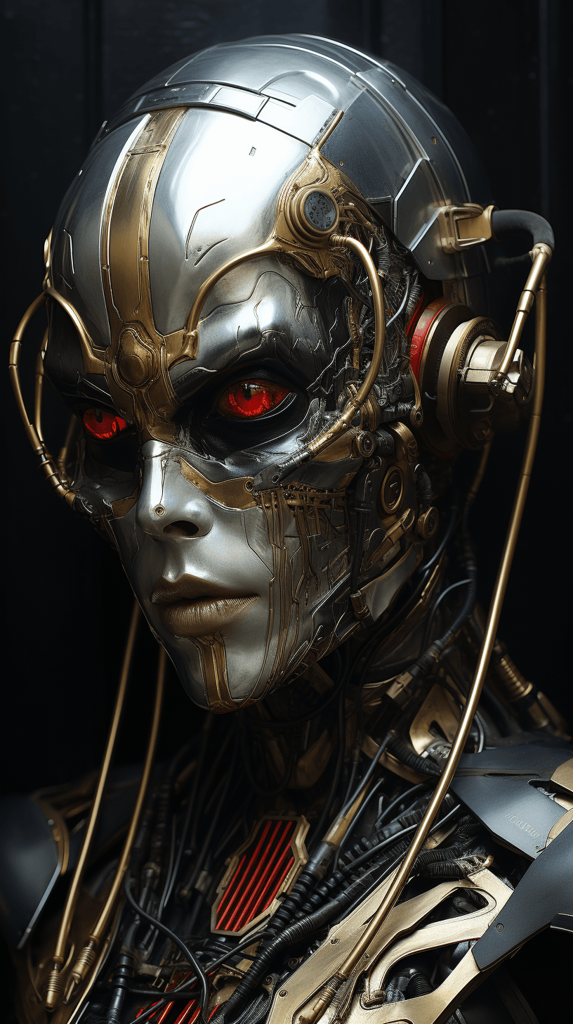 AI generated: cyberpsycho portrait by david lavoine, in the style of kathrin longhurst, metallic rotation, high-te...