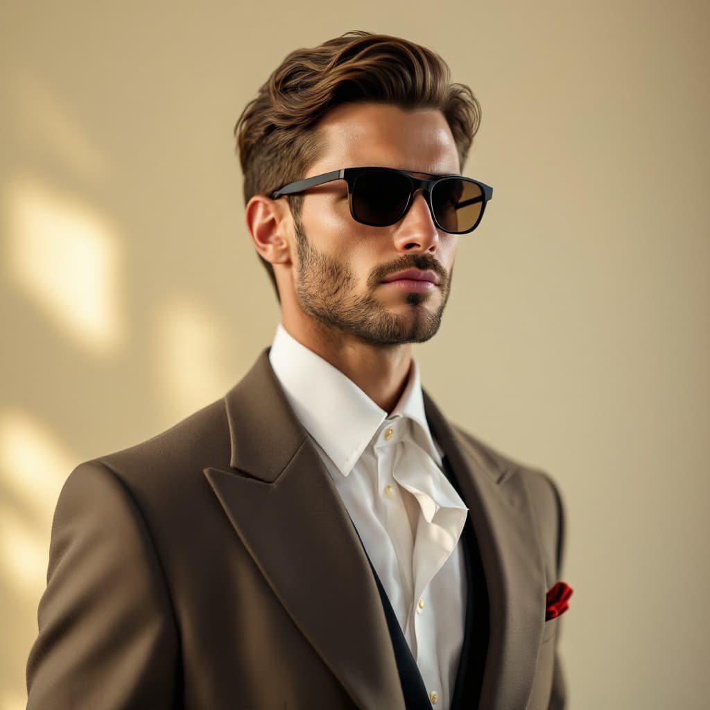 AI generated: 1.	 "Ein Mann mit einem Bart und einer Sonnenbrille."
Angepasster Prompt: "Ein charismatischer Mann ...