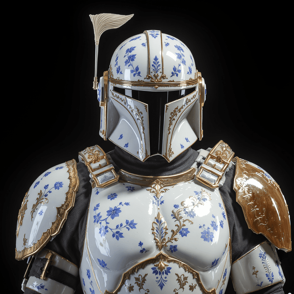AI generated: Ornate Mandalorian-style armor crafted from white porcelain with intricate blue floral patterns and ...