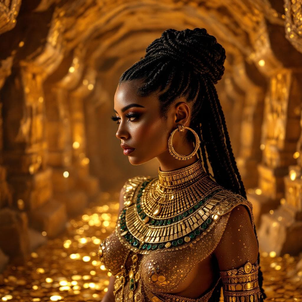 AI generated: A queen in an ancient underground castle, the castle is a cave with golden walls, the floor is made ...