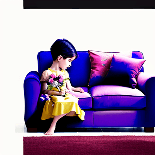 AI generated: one child on the left hand sofa with 2 flowers; and another child on the right hand sofa with no flo...