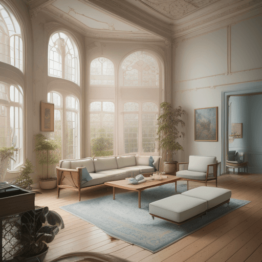 AI generated: High resolution photography interior design, dreamy sunken living room conversation pit, wooden floo...