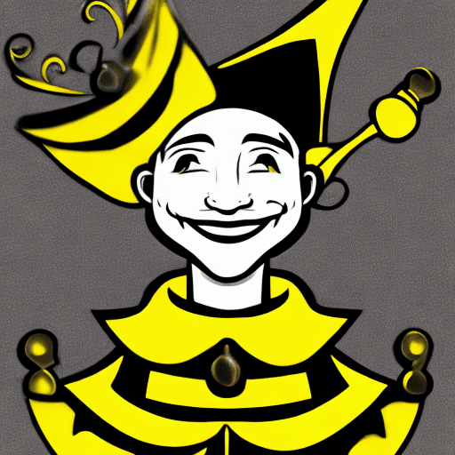 AI generated: logo drawing, minimalism, young jester in a jester's hat with three bells smiles sincere kind smile,...