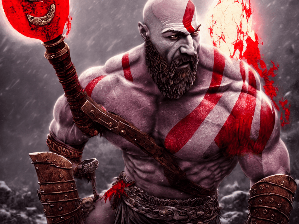 AI generated: kratos, god of war, holding giant bloody axe, snowstorm, blood moon, 64k, FHD, UHD, WHD, hyper detai...