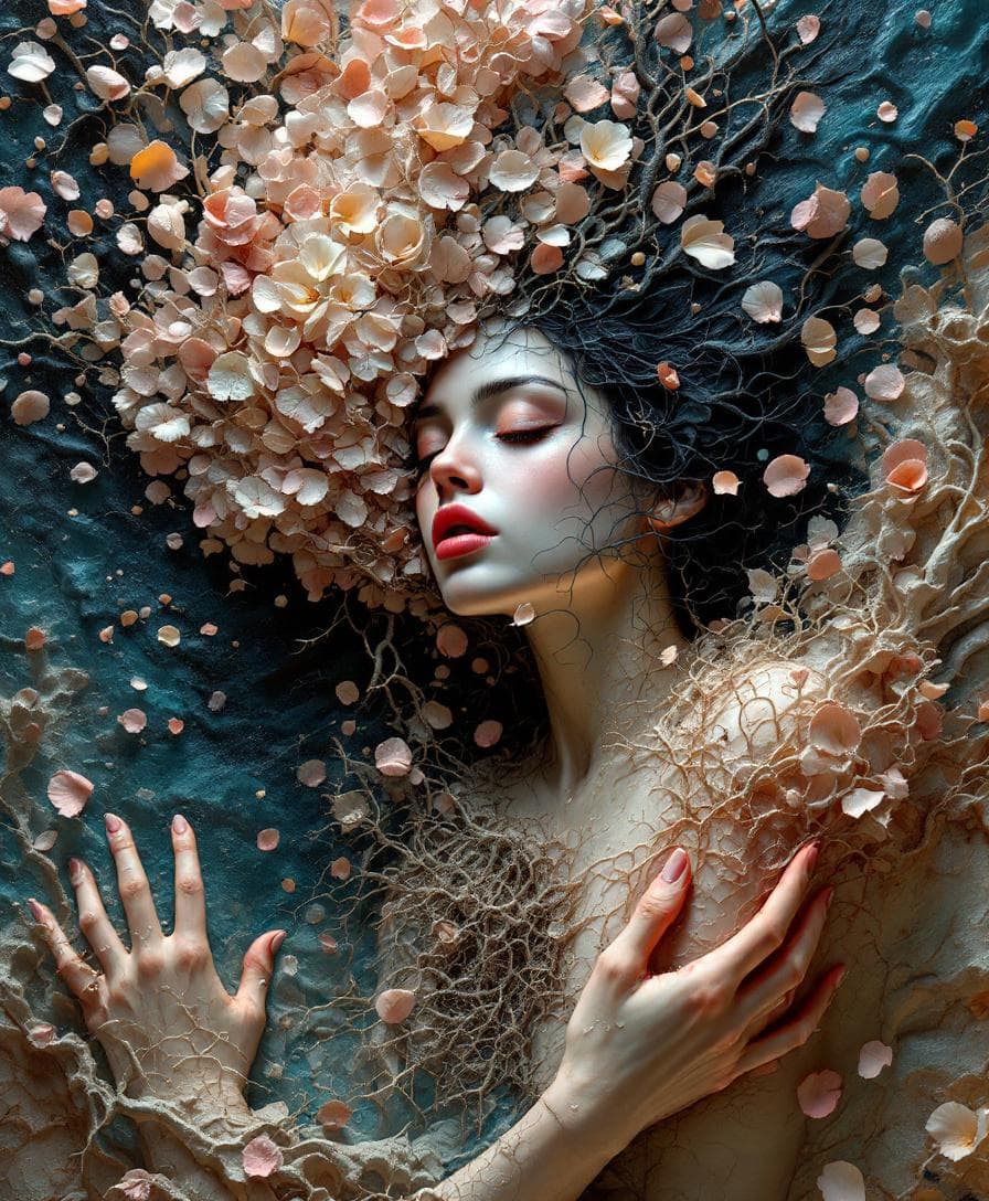 AI generated: A woman in bas-relief, clutching her chest as petals and broken roots dissolve into the air around h...