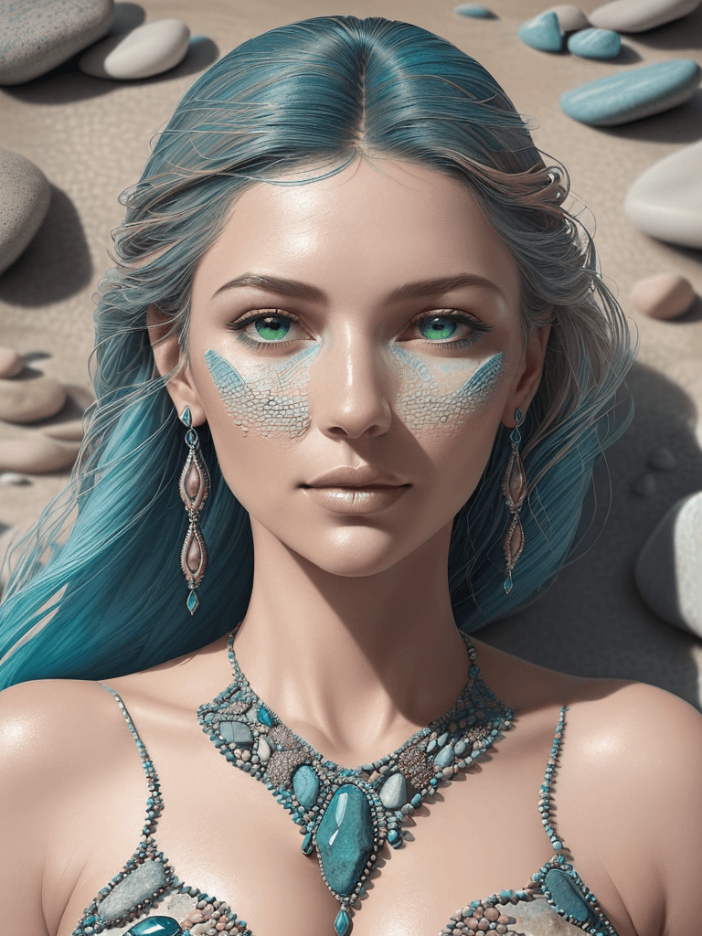 AI generated: A close-up image of a beautiful  woman, overlaid by a collection of stones of varying sizes with int...
