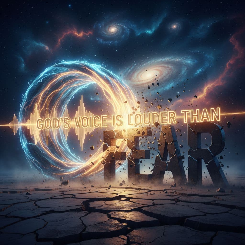 AI generated: "God’s Voice is Louder than Fear" — 3D soundwave crashing fear-text