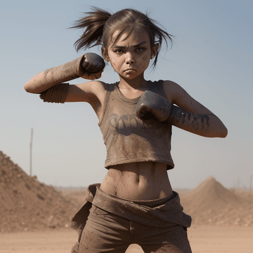 AI generated: a rebel girl standing in a fighting pose covered in dirt with a runny nose and fists up determined l...