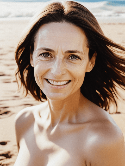AI generated: RAW photo, joyful middle shot, a 40 y.o. woman on the beach, hyperrealism, ultra real 8k photography...