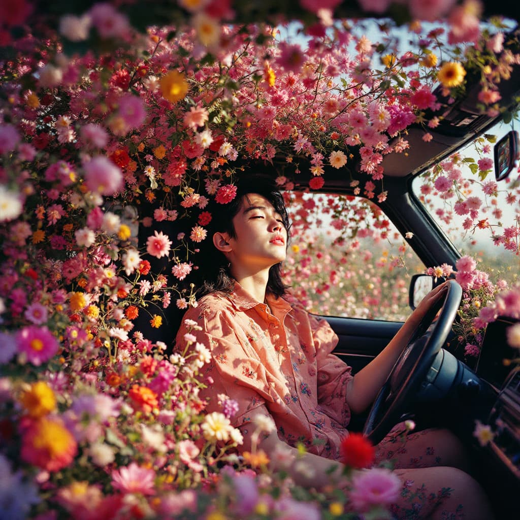 AI generated: a  45y china man in car filled withflowers, art by Rinko Kawauchi, in the style ofnaturalistic poses...