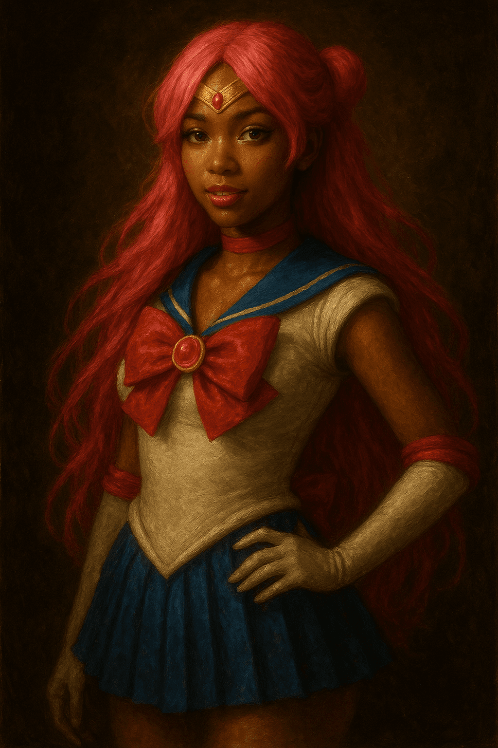 AI generated:  anime portrait of a radiant woman in Sailor Moon cosplay, vibrant long pink hair, youthful feminine...