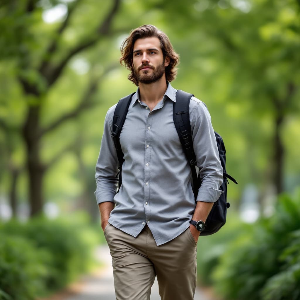 AI generated: A tall man with 6 foot height, medium long hairs and medium length beard. Wearing casual wear for of...
