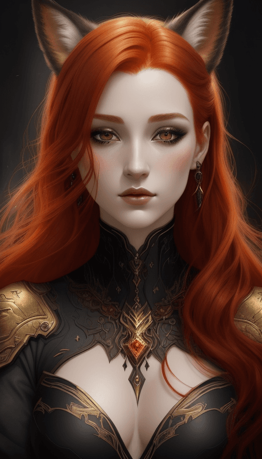 AI generated:  an art piece of a fantasy woman with red hair, in the style of realistic, fawncore, black and amber...