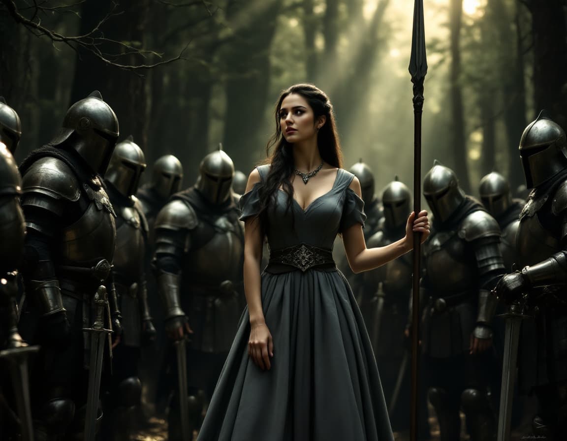AI generated: a woman in a gray dress standing in a forest surrounded by armored soldiers. The woman has long dark...