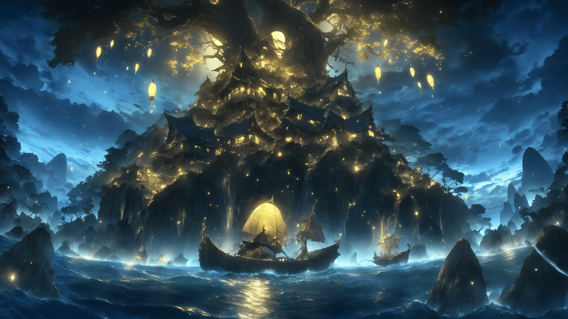 AI generated: anime key visual, landscape of a Harsh dark yellow The Island of the Sirens and Detailed Acorn, at N...