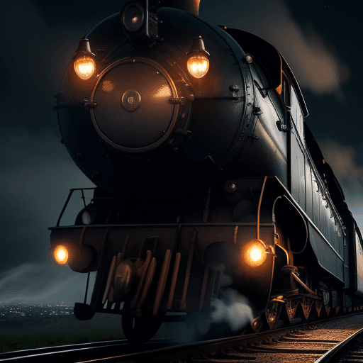AI generated: Steam train, lightbulb, global network shown in front of a cloudy night sky; hyper-realistic; human-...
