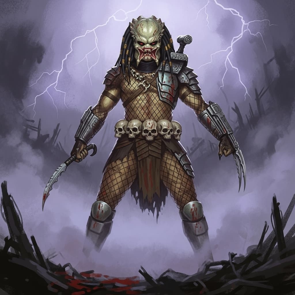 AI generated: A stylized painted artwork of the Predator as a brutal alien hunter standing triumphantly, his belt ...