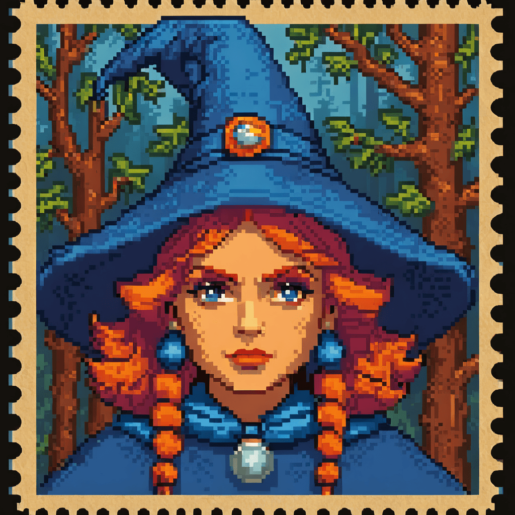 AI generated: Angry female witch in the forest with arms crossed wearing a blue pointy hat and orange hair and a b...