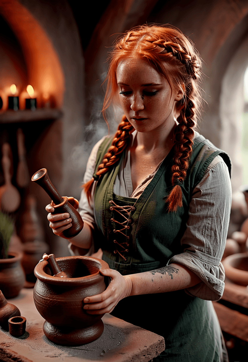 AI generated: full body, film still of a 32 year old Celtic woman with braided ginger hair, light-colored perfect ...