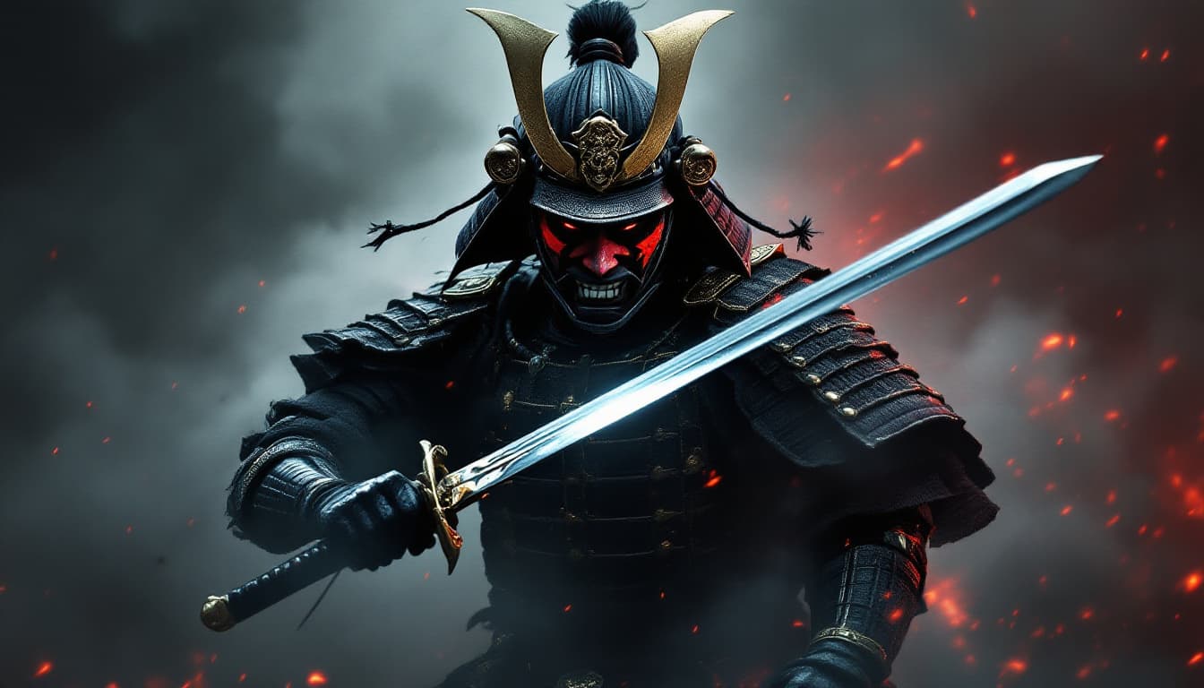 AI generated: Emerging from a tumultuous backdrop of swirling smoke and shadows, a fierce samurai warrior commands...