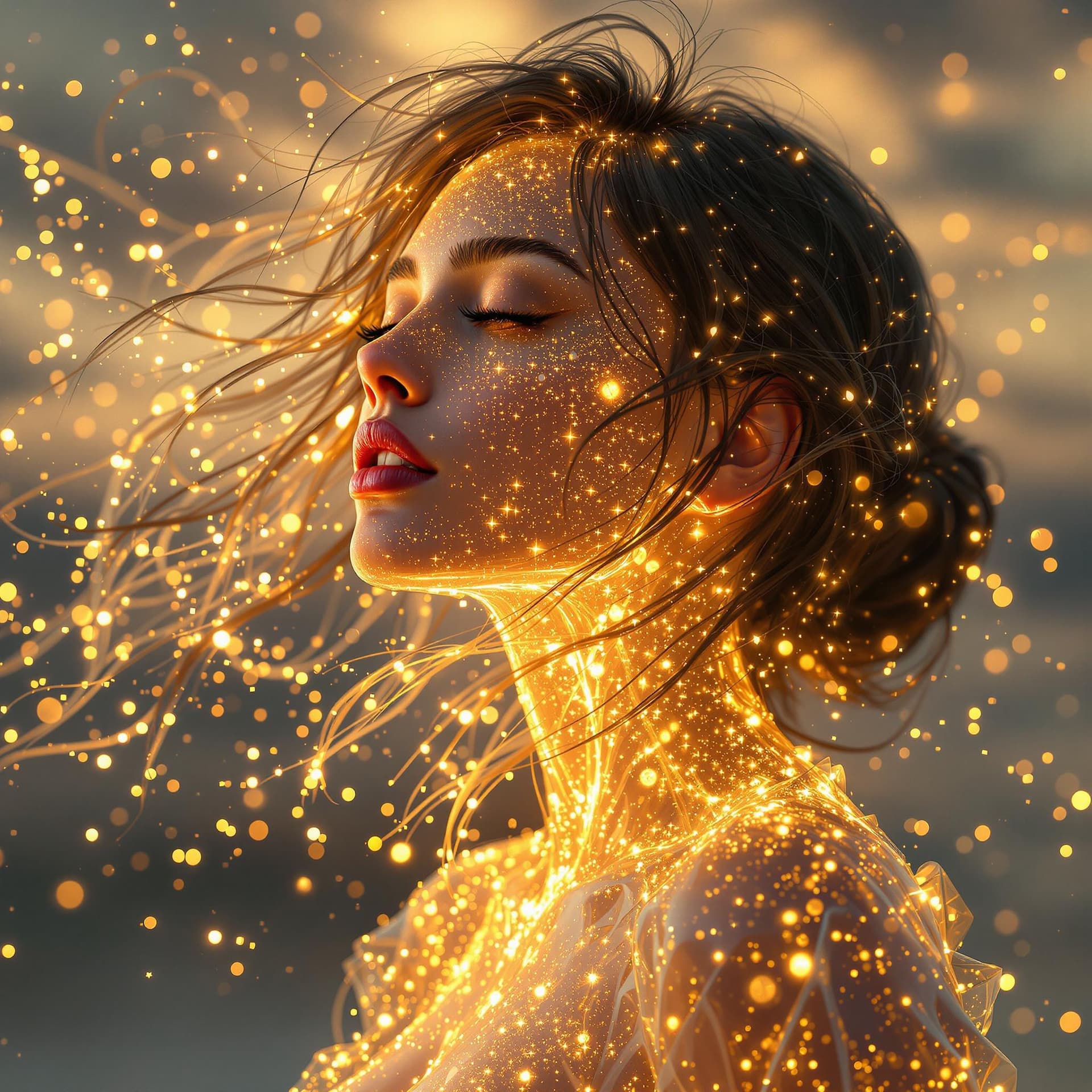 AI generated: A photorealistic 4K image of a woman with transparent, crystal-like skin, glowing from within with a...