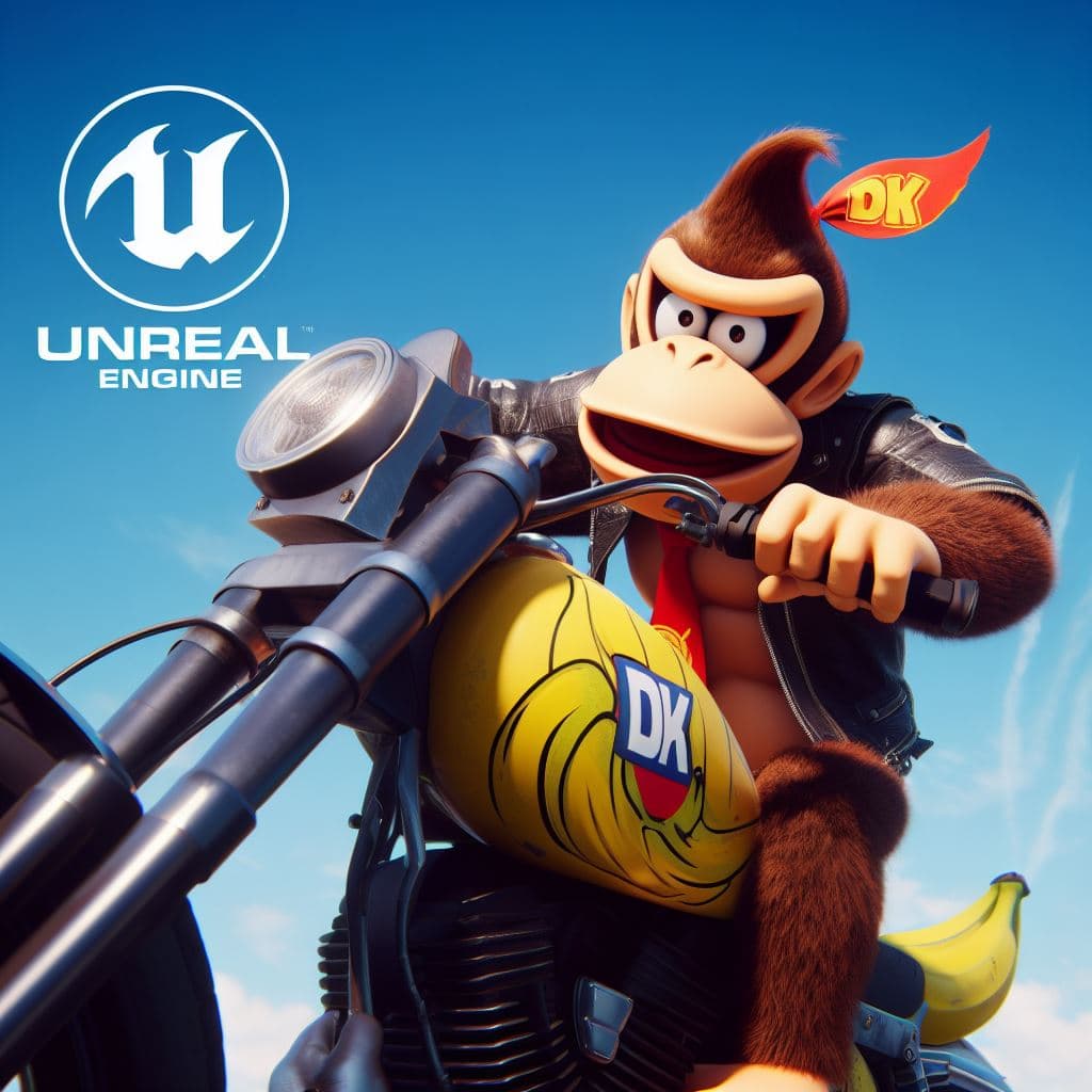 AI generated: Donkey Kong wearing a biker outfit with a smile and riding a motorcycle with the text 'DK' on it and...