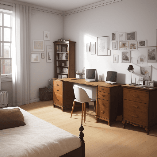 AI generated: High resolution photography of an interior design of a bedroom, with many things at home. furniture,...