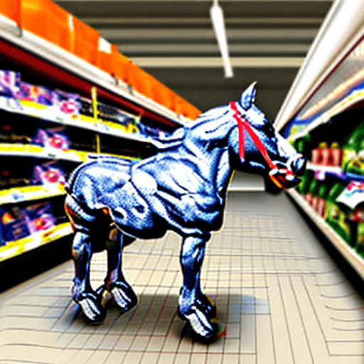 AI generated: hyper realistic horse inside a supermarket cart. use your imagination in order to fit the horse insi...