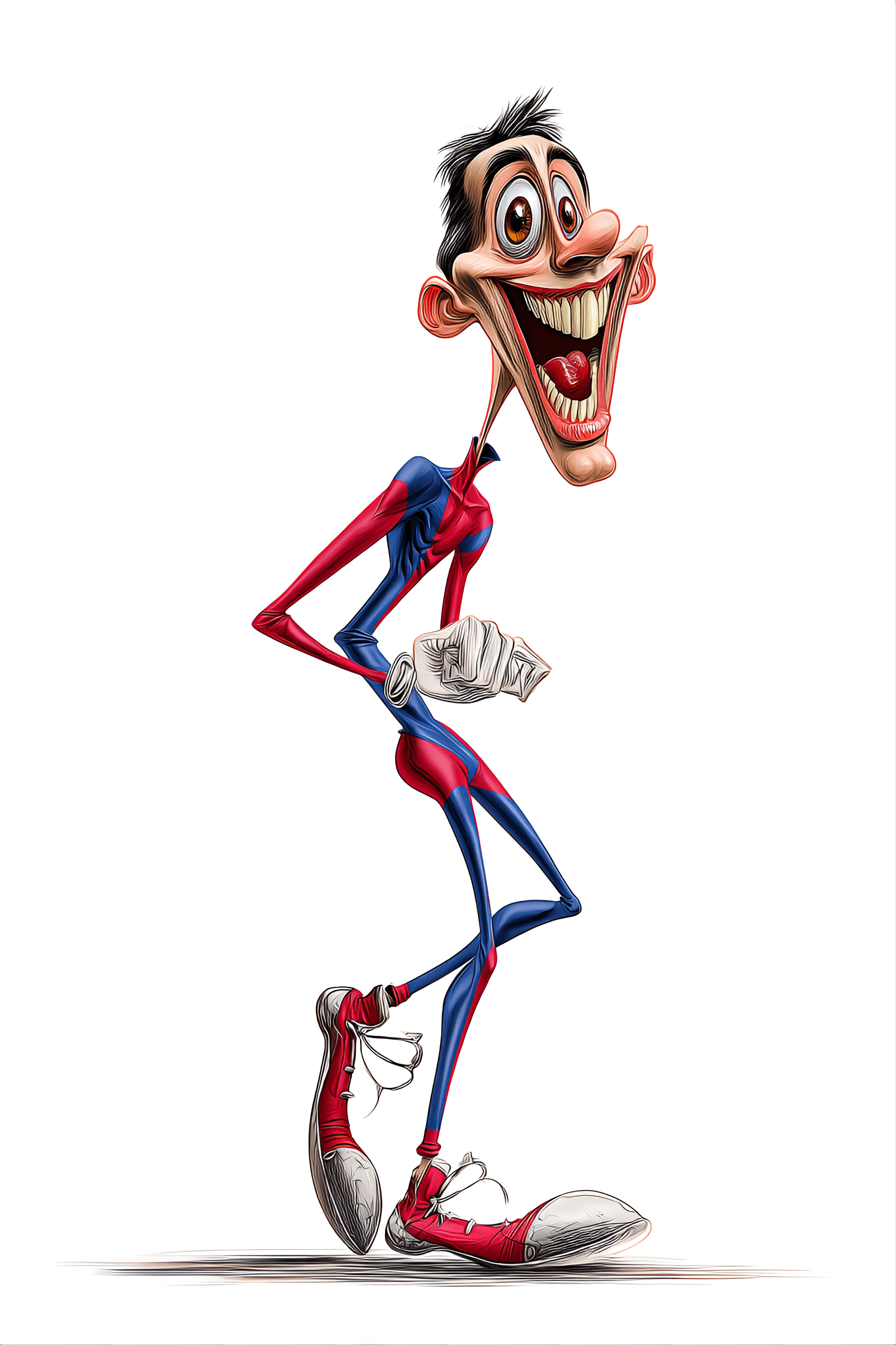 AI generated: funny caricature, wacky contortionist, male, 30 years old, flexible, energetic, odd, extremely lanky...