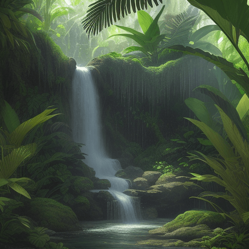 AI generated: "Design an intricately detailed and lifelike image of a cascading waterfall hidden in a lush, tropic...