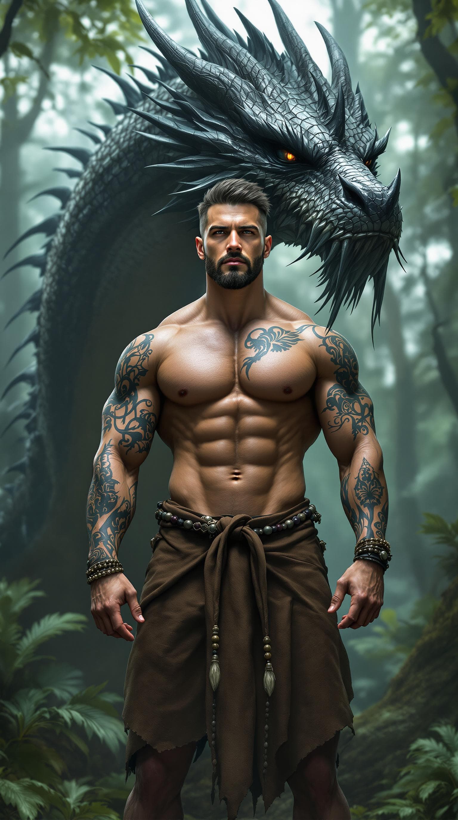AI generated: The image depicts a muscular man standing confidently in a lush, misty forest setting. He has a stro...