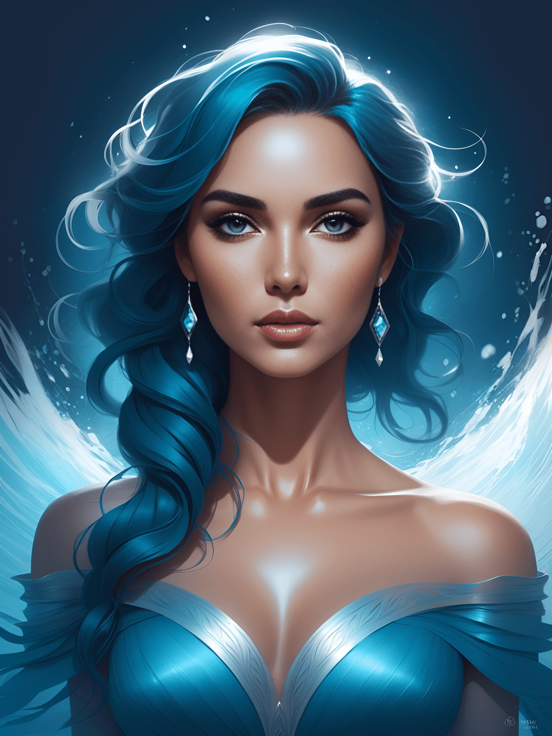 AI generated: upper body portrait, goddess of water, style of Charlie Bowater, detailed background