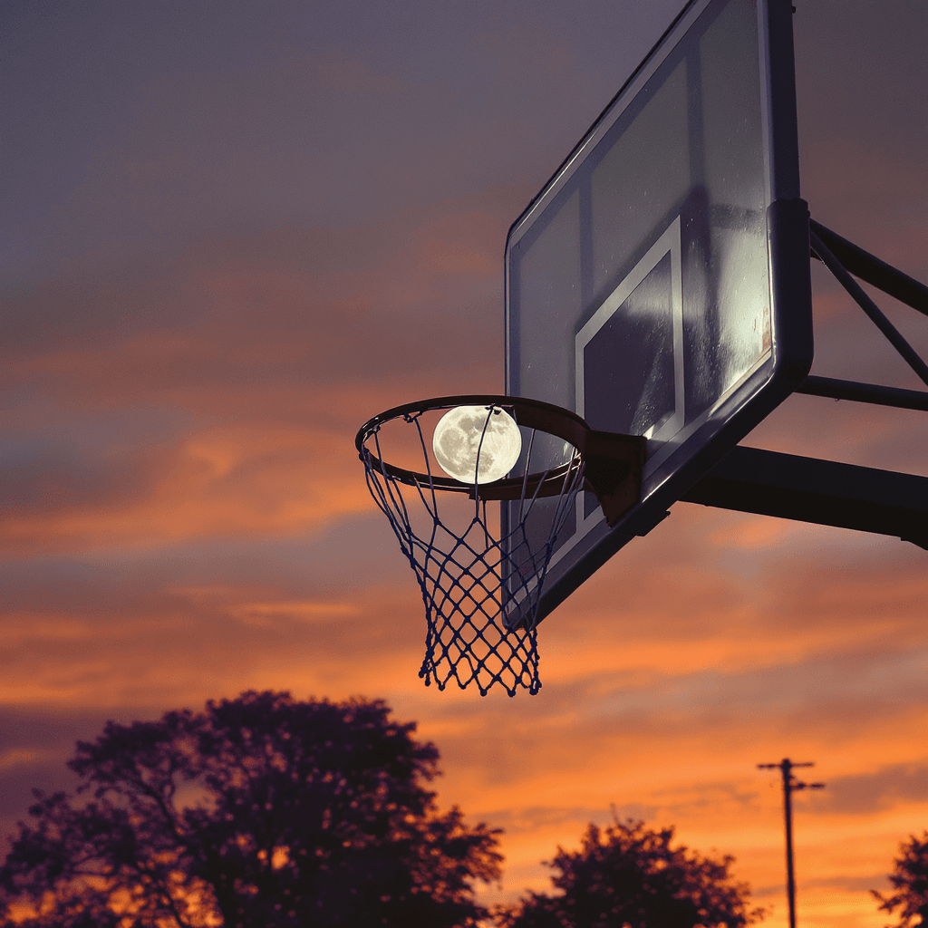 AI generated: the photo was taken from the side, basketball hoop with a full moon in the basketball hoop net, winn...