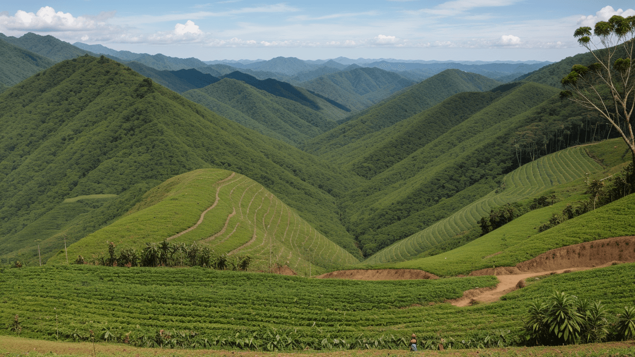 AI generated: colombian mountain forest, hills and fields of coca crops, ultra realistic