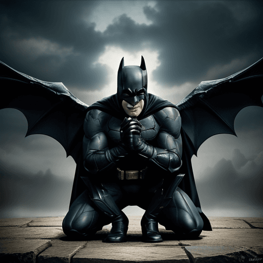AI generated: batman kneeling before God whilst in heaven with angels encamped around him