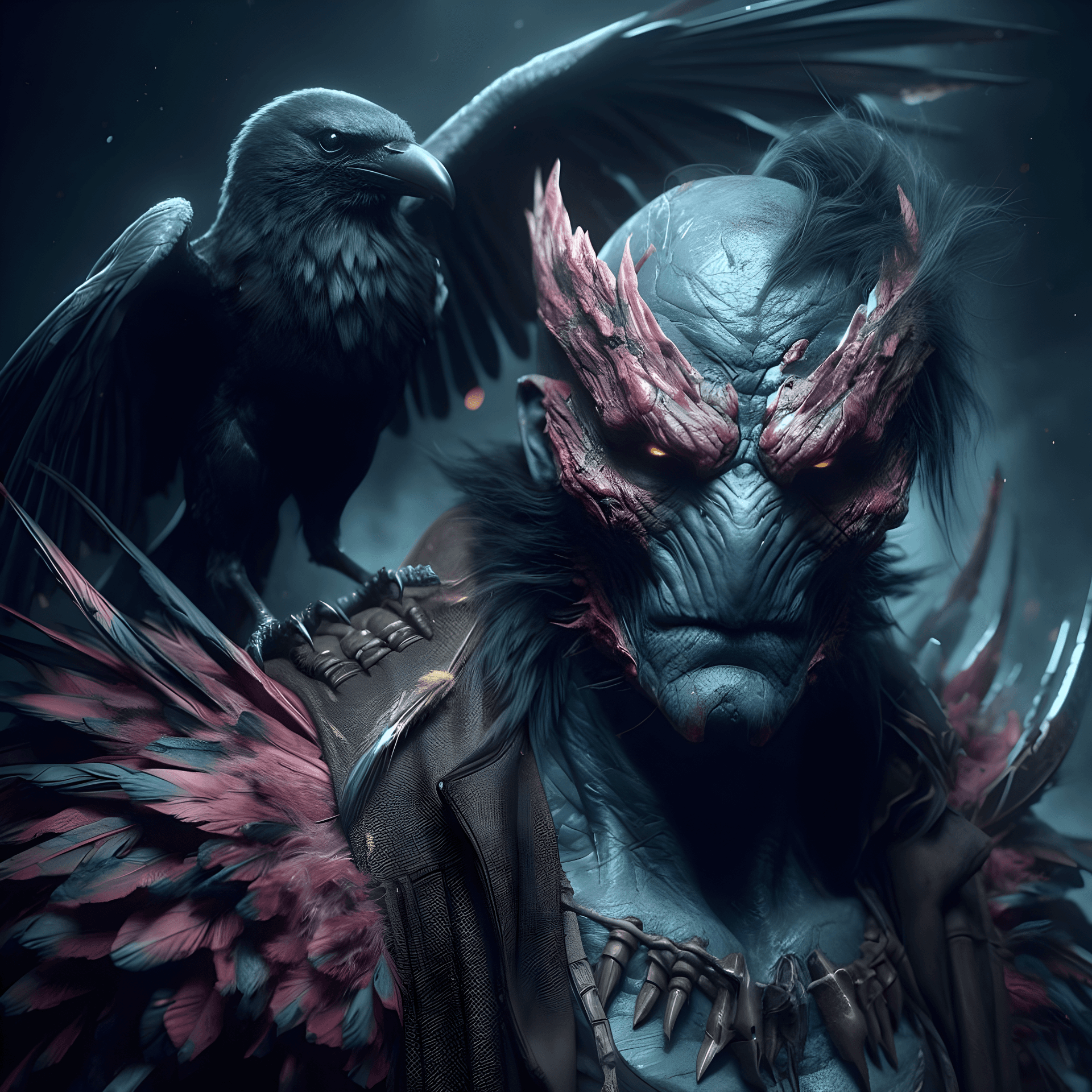 AI generated: A mutant Banshee with a raven on his shoulder, a character portrait by senior character artist, Arts...