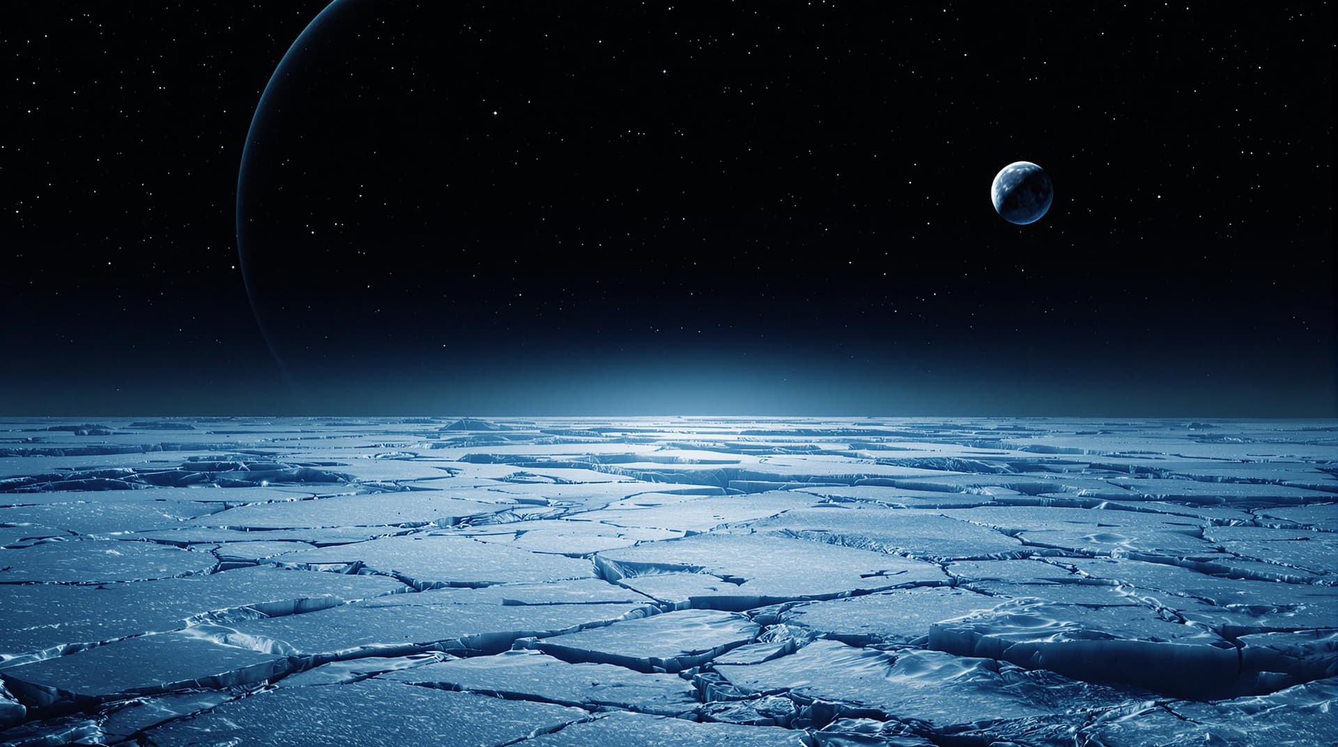 AI generated: A distant view of the planet icy surface, the horizon is lit by an alien moon, the sky above the ice...