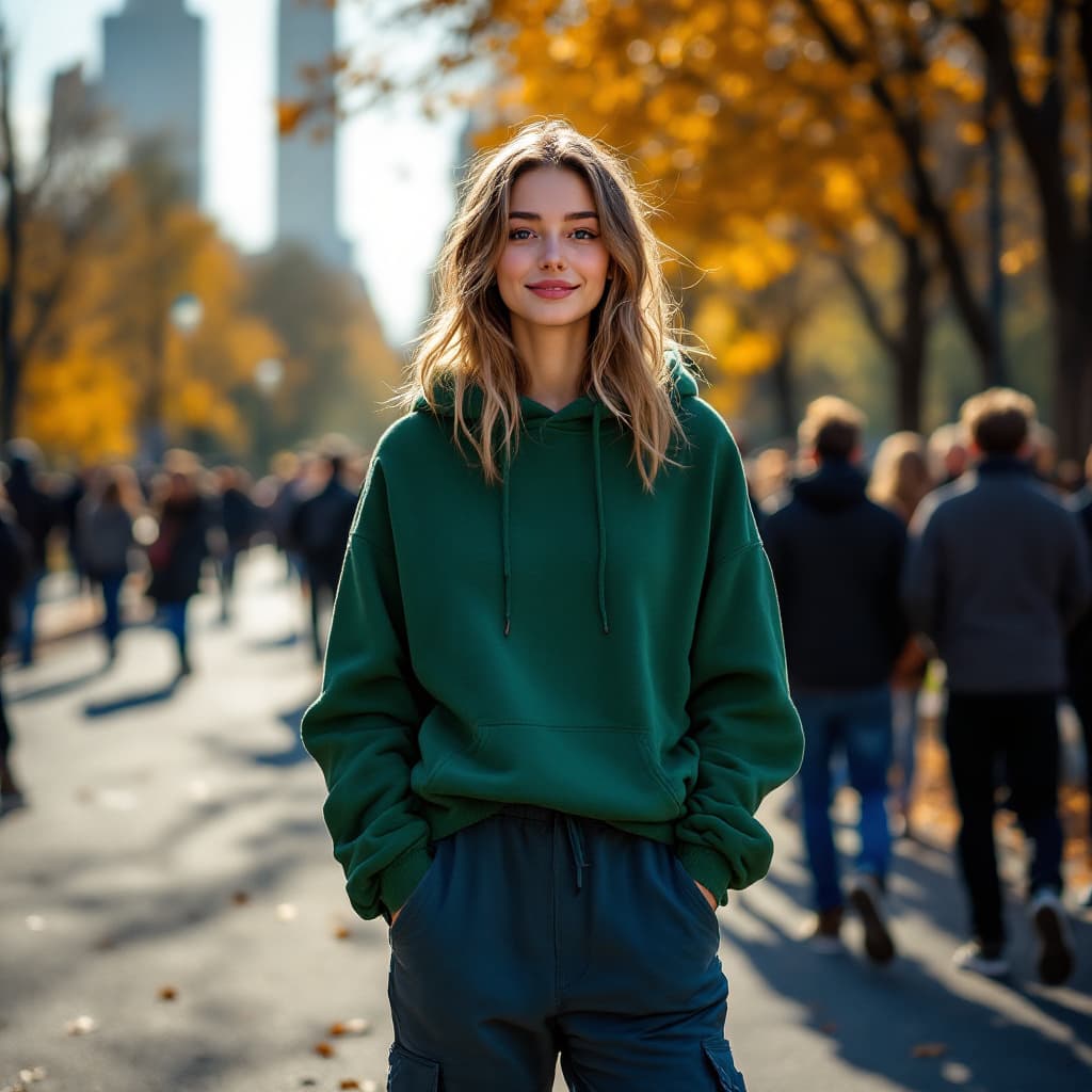 AI generated: photography, snap shot, distance range, cute russian girl model, full-body, skiny t-shirt, short pan...