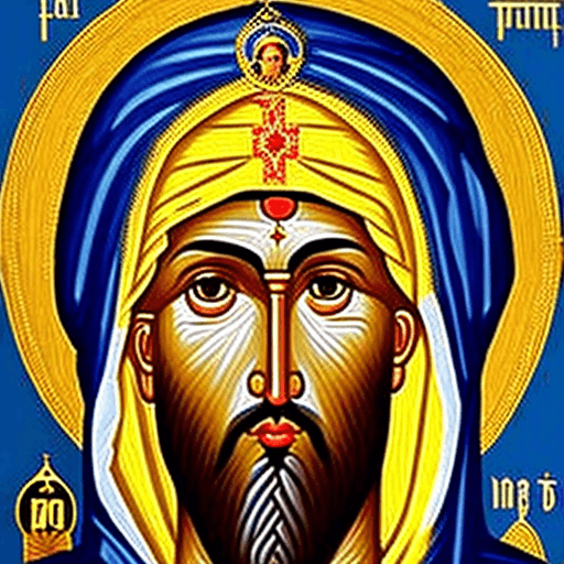 AI generated: Blue and gold orthodox icon of a Kurdish male Virgin Mary with a turban. Celestial and heavenly. No ...