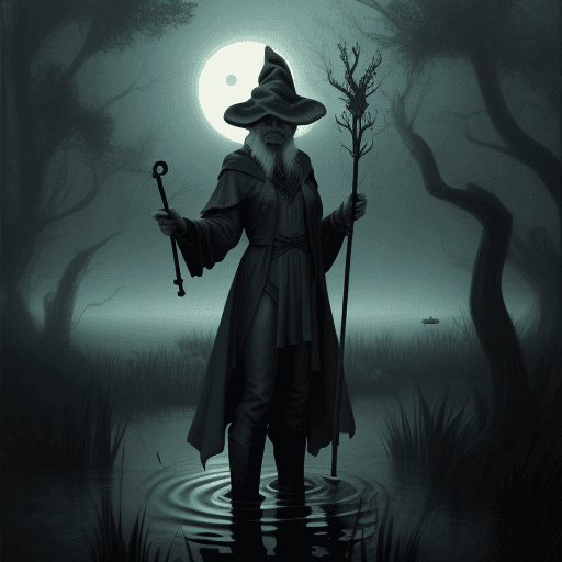 AI generated: mysterious misty wizard holding a staff midnight in a swamp
