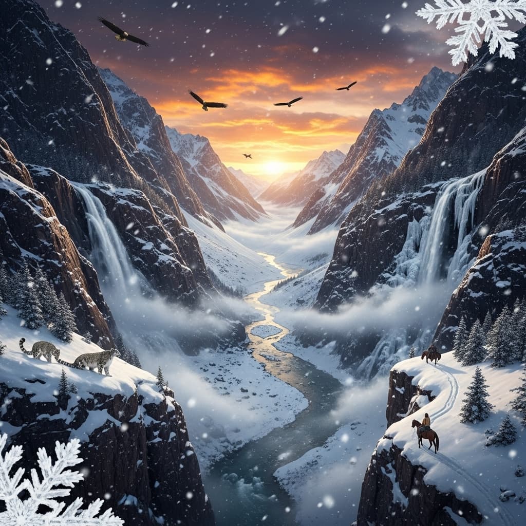 AI generated: Deep color, windy, snowy valley, with steep mountains around, deeply detailed 4k, drone-like view fr...