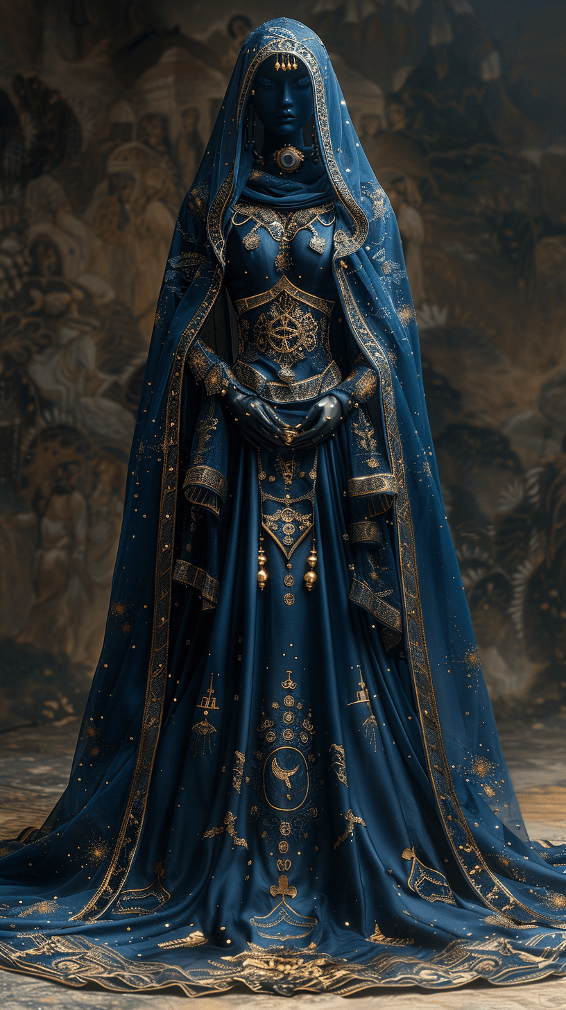 AI generated: blue and gold cosplay, in the style of xu beihong, appropriation artist, moosa al halyan, realistic,...