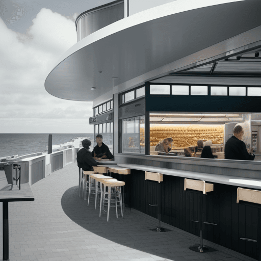 AI generated: Hyper realistic eye level exterior photo of a ultra modern fish n chips shop overlooking the ocean, ...