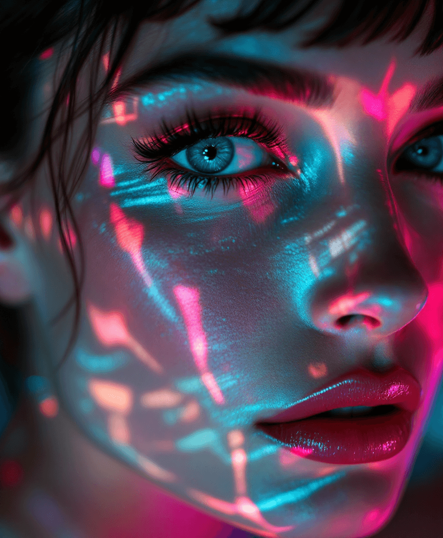 AI generated: A photorealistic 8K masterpiece of (Audrey Hepburn) close up of her face with turquoise, pink and wh...