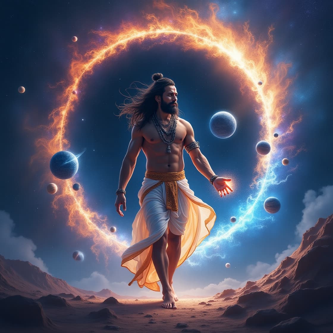 AI generated: Cosmic backgound with black hole sun, a hindu god Vishnu with radiant, glowing skin and piercing, et...