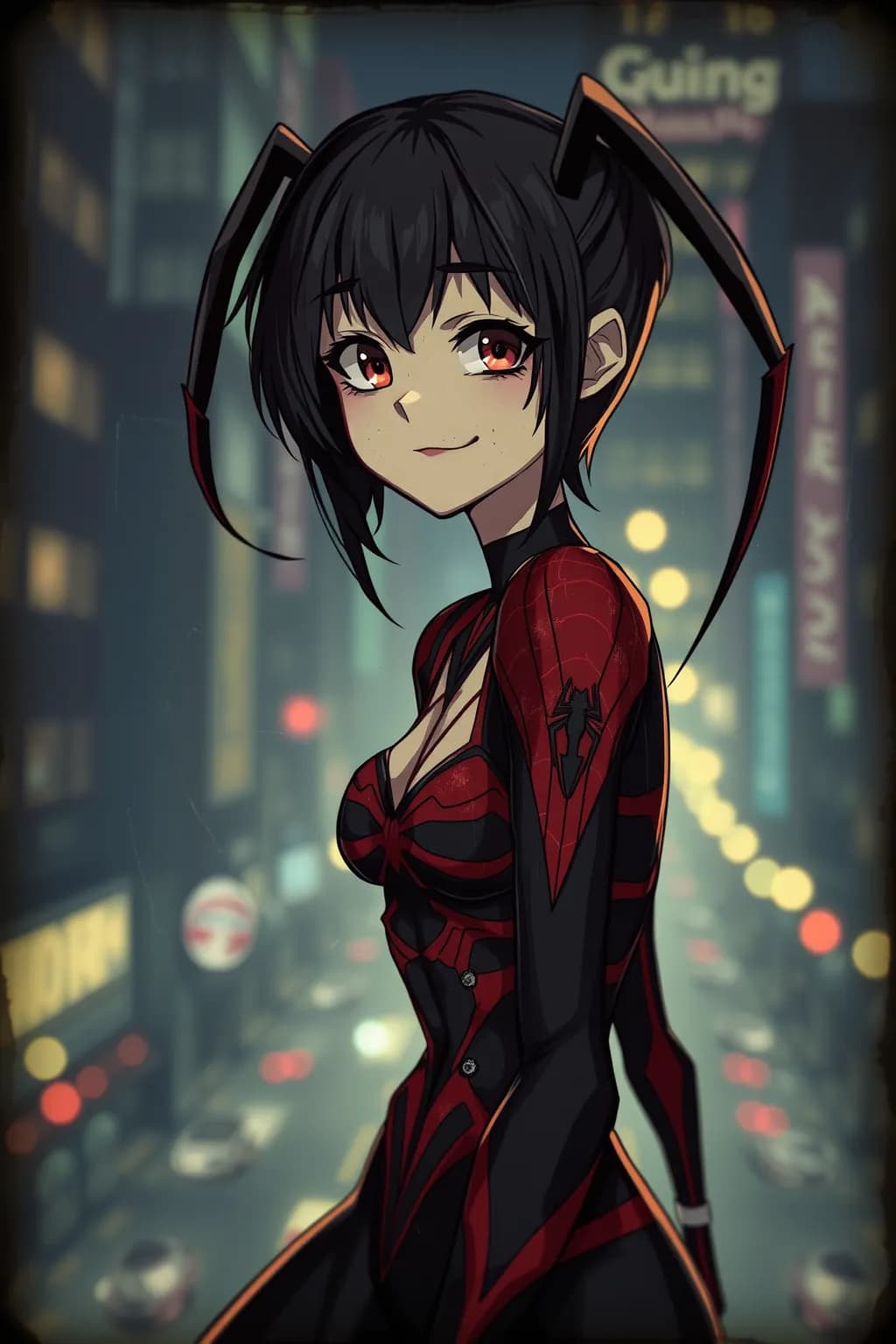 AI generated: An old scratched photo, A anime-inspired gothic spider character, created by Conrad Roset, James Gil...