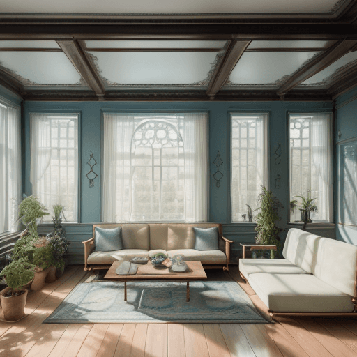 AI generated: High resolution photography interior design, dreamy sunken living room conversation pit, wooden floo...
